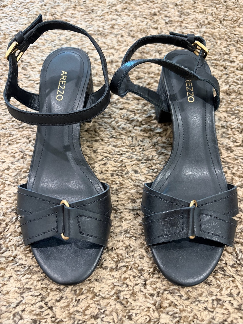 Arezzo Black Leather Ankle Strap Sandals with gold detail
